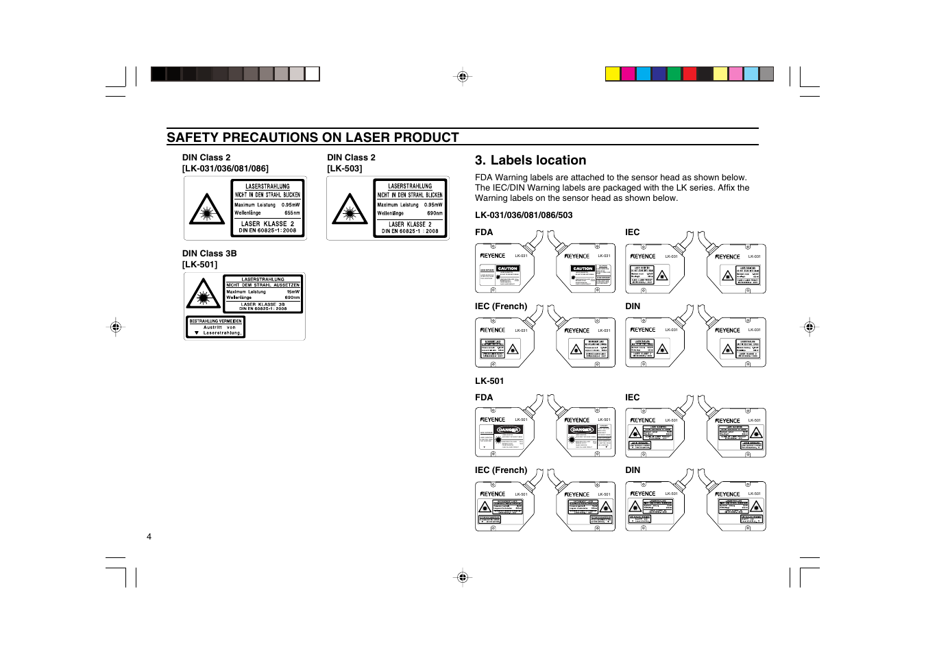 Safety precautions on laser product, Labels location | KEYENCE LK-2000 Series User Manual | Page 4 / 28