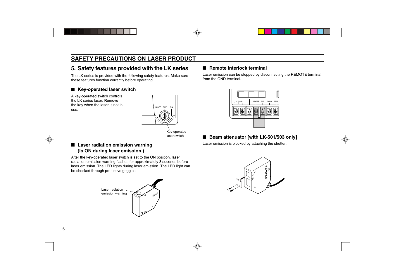 Safety features provided with the lk series, Safety precautions on laser product, Key-operated laser switch | Remote interlock terminal | KEYENCE LK-2000 Series User Manual | Page 6 / 28
