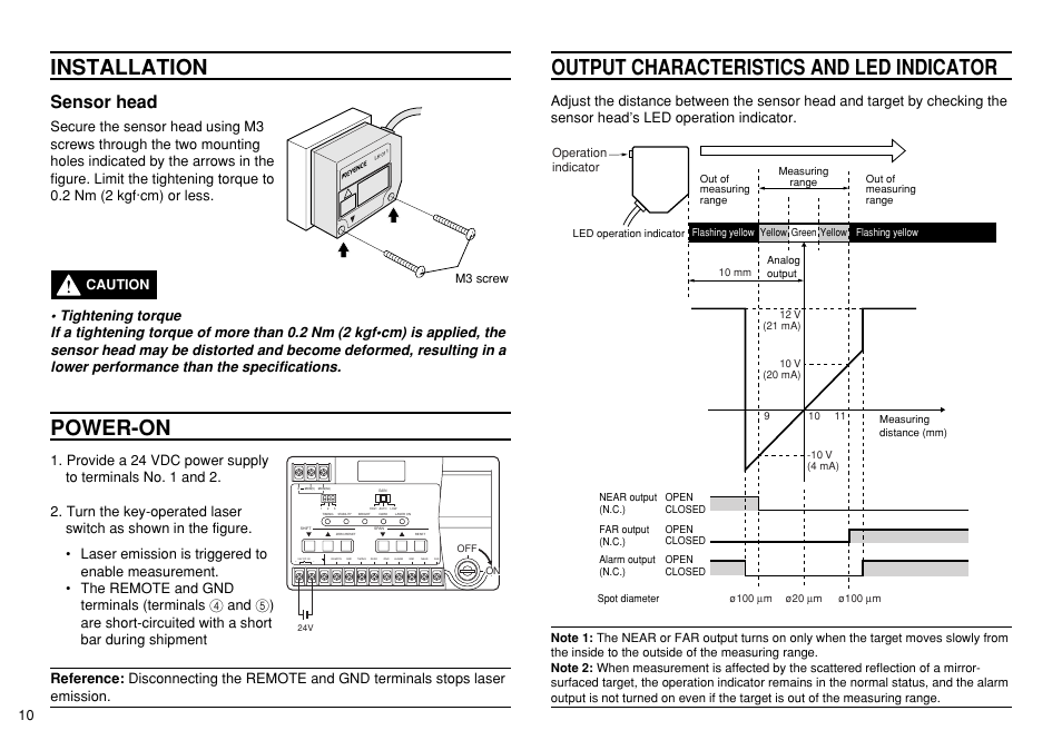 Installation, Output characteristics and led indicator, Power-on | Sensor head, Caution, M3 screw, Operation indicator | KEYENCE LK-3100 User Manual | Page 10 / 24