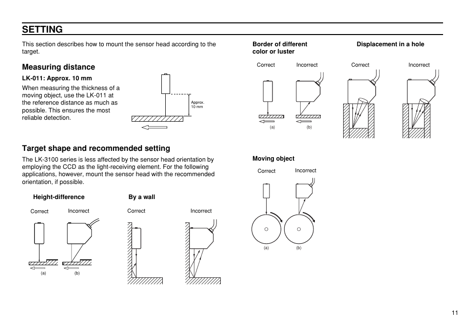 Setting, Measuring distance, Target shape and recommended setting | KEYENCE LK-3100 User Manual | Page 11 / 24