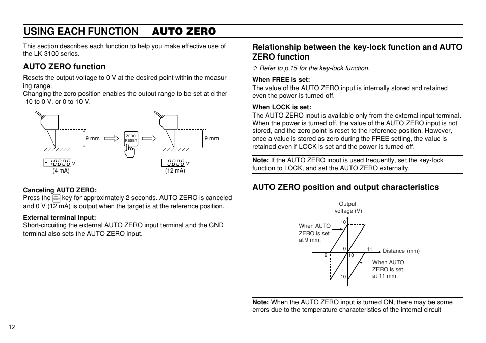 Using each function auto zero, Auto zero function, Auto zero position and output characteristics | KEYENCE LK-3100 User Manual | Page 12 / 24