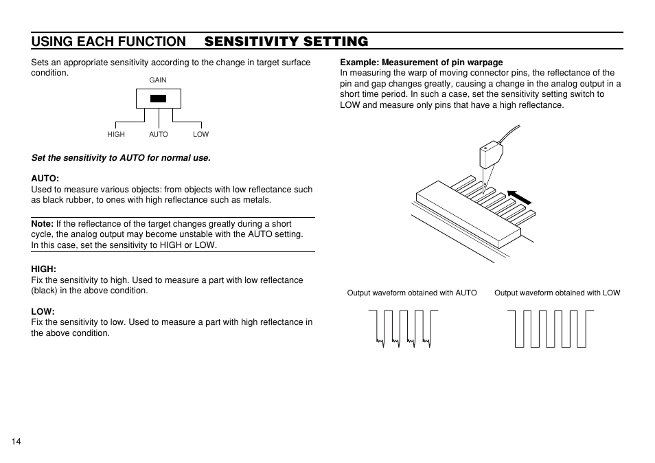 Using each function sensitivity setting | KEYENCE LK-3100 User Manual | Page 14 / 24