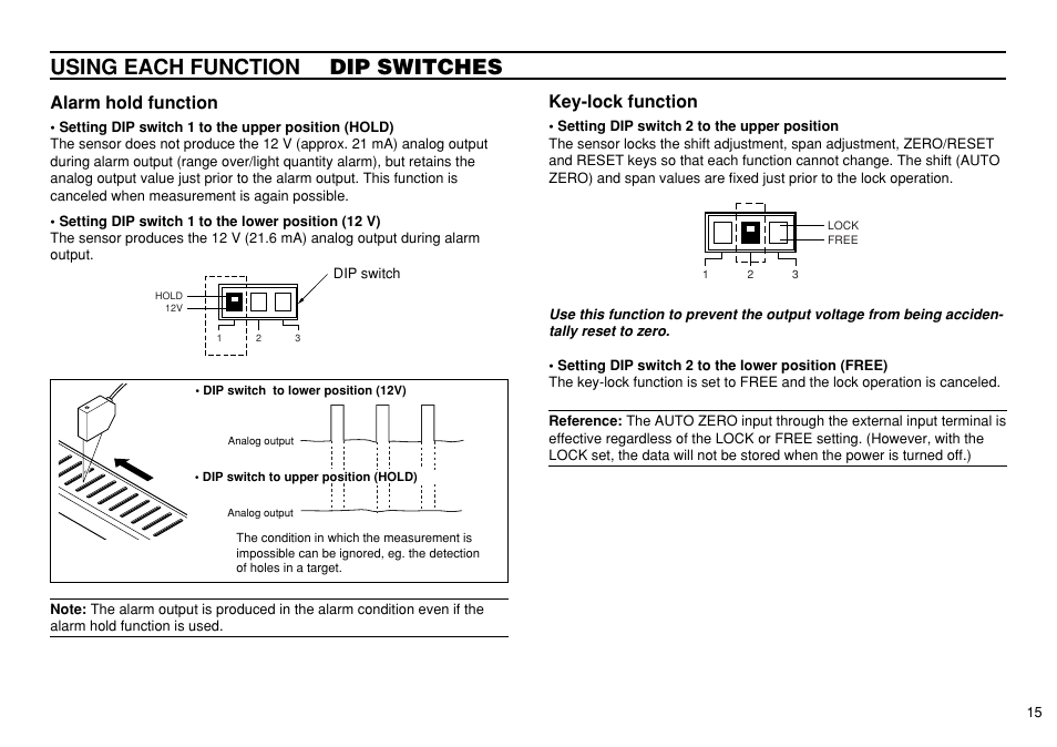Using each function dip switches, Alarm hold function, Key-lock function | KEYENCE LK-3100 User Manual | Page 15 / 24
