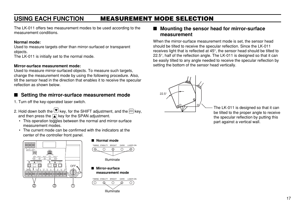 Using each function measurement mode selection, Setting the mirror-surface measurement mode | KEYENCE LK-3100 User Manual | Page 17 / 24