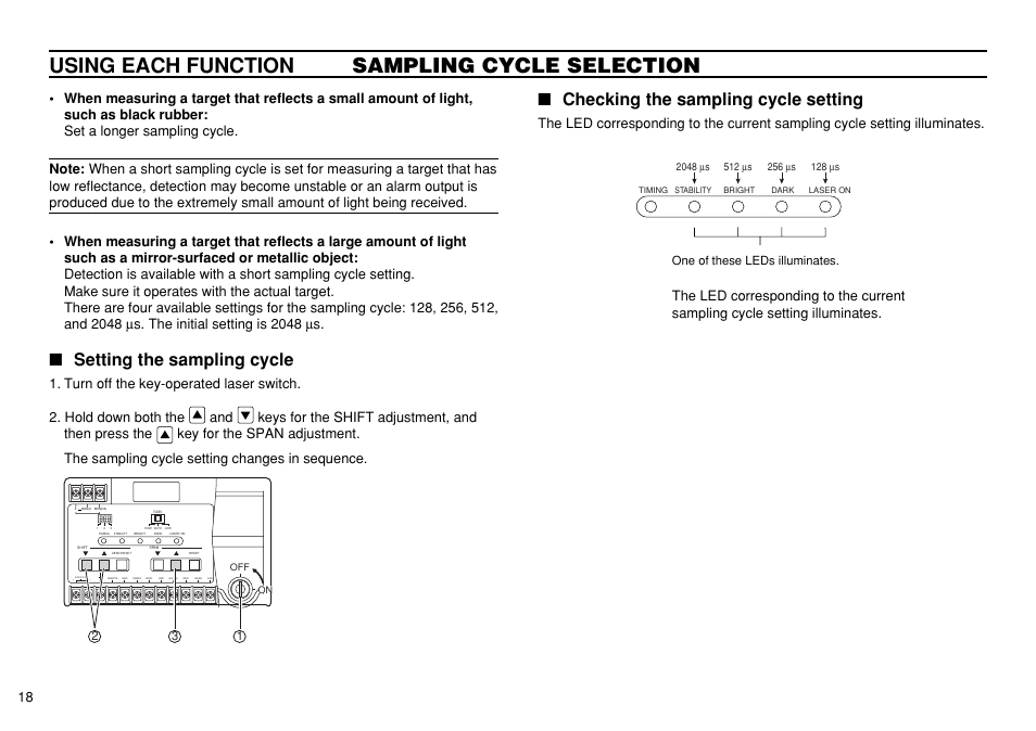 Using each function sampling cycle selection, Setting the sampling cycle, Checking the sampling cycle setting | One of these leds illuminates | KEYENCE LK-3100 User Manual | Page 18 / 24