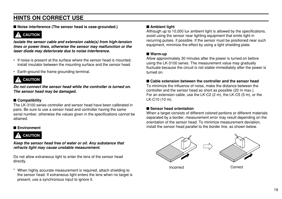 Hints on correct use | KEYENCE LK-3100 User Manual | Page 19 / 24