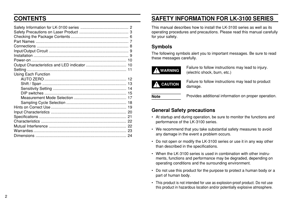 KEYENCE LK-3100 User Manual | Page 2 / 24