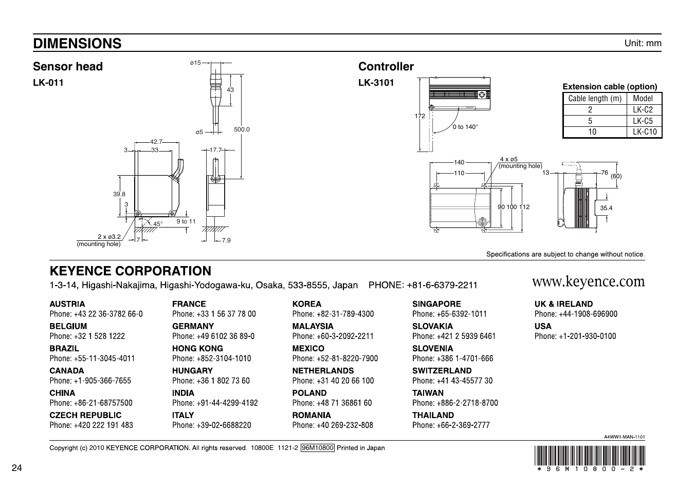 Dimensions, Sensor head, Controller | KEYENCE LK-3100 User Manual | Page 24 / 24