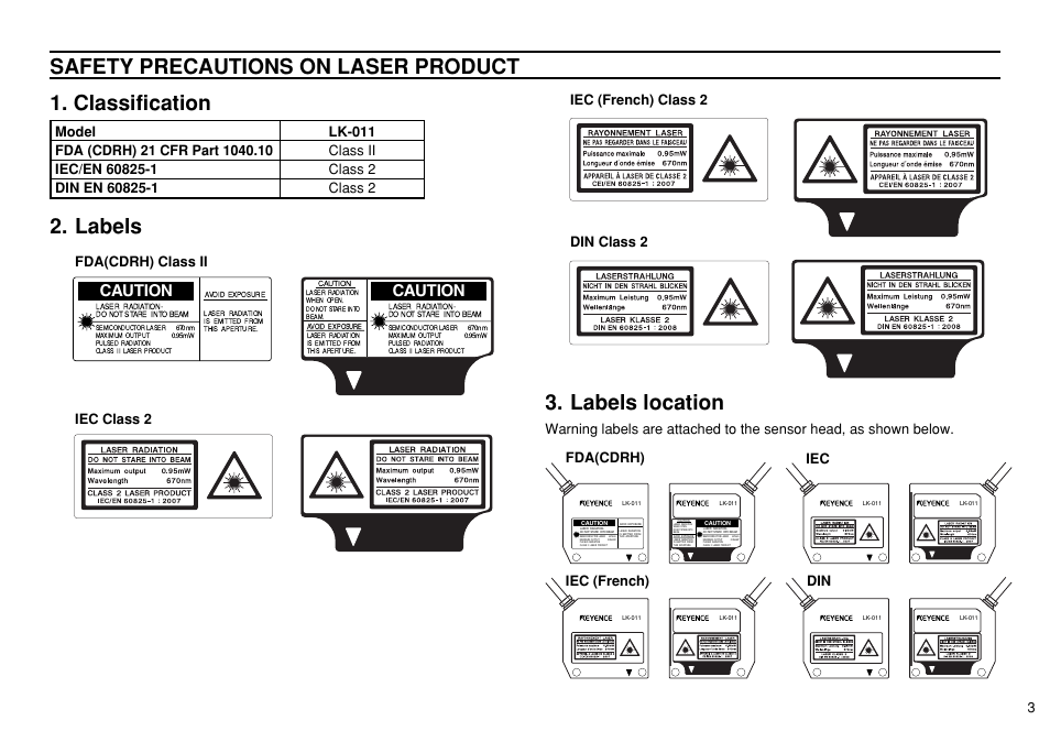 Classification safety precautions on laser product, Labels, Labels location | Caution, Fda(cdrh) iec din iec (french) | KEYENCE LK-3100 User Manual | Page 3 / 24