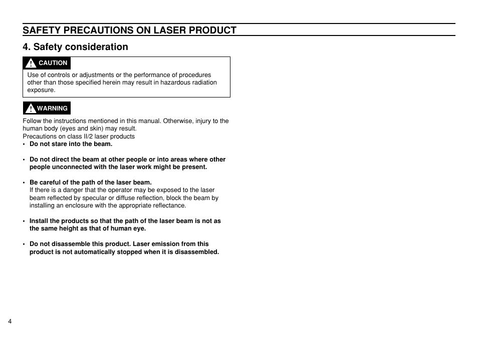 Safety consideration, Safety precautions on laser product | KEYENCE LK-3100 User Manual | Page 4 / 24