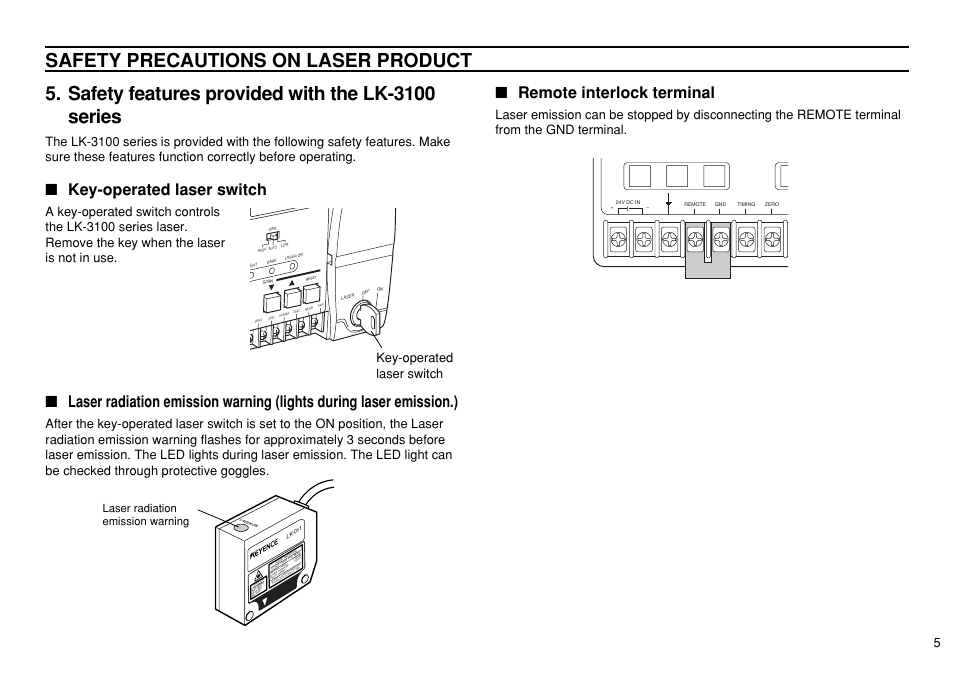 Safety precautions on laser product, Safety features provided with the lk-3100 series, Remote interlock terminal | Key-operated laser switch, Laser radiation emission warning | KEYENCE LK-3100 User Manual | Page 5 / 24