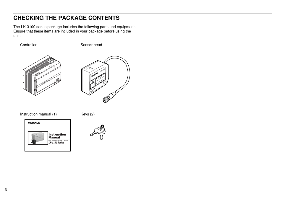 Checking the package contents | KEYENCE LK-3100 User Manual | Page 6 / 24