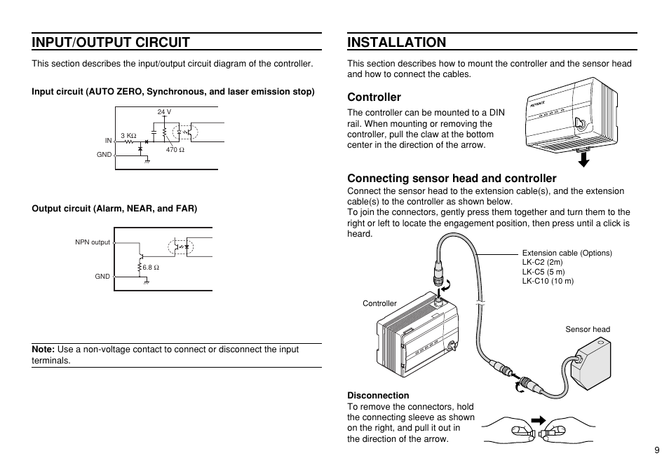Input/output circuit installation, Controller, Connecting sensor head and controller | KEYENCE LK-3100 User Manual | Page 9 / 24