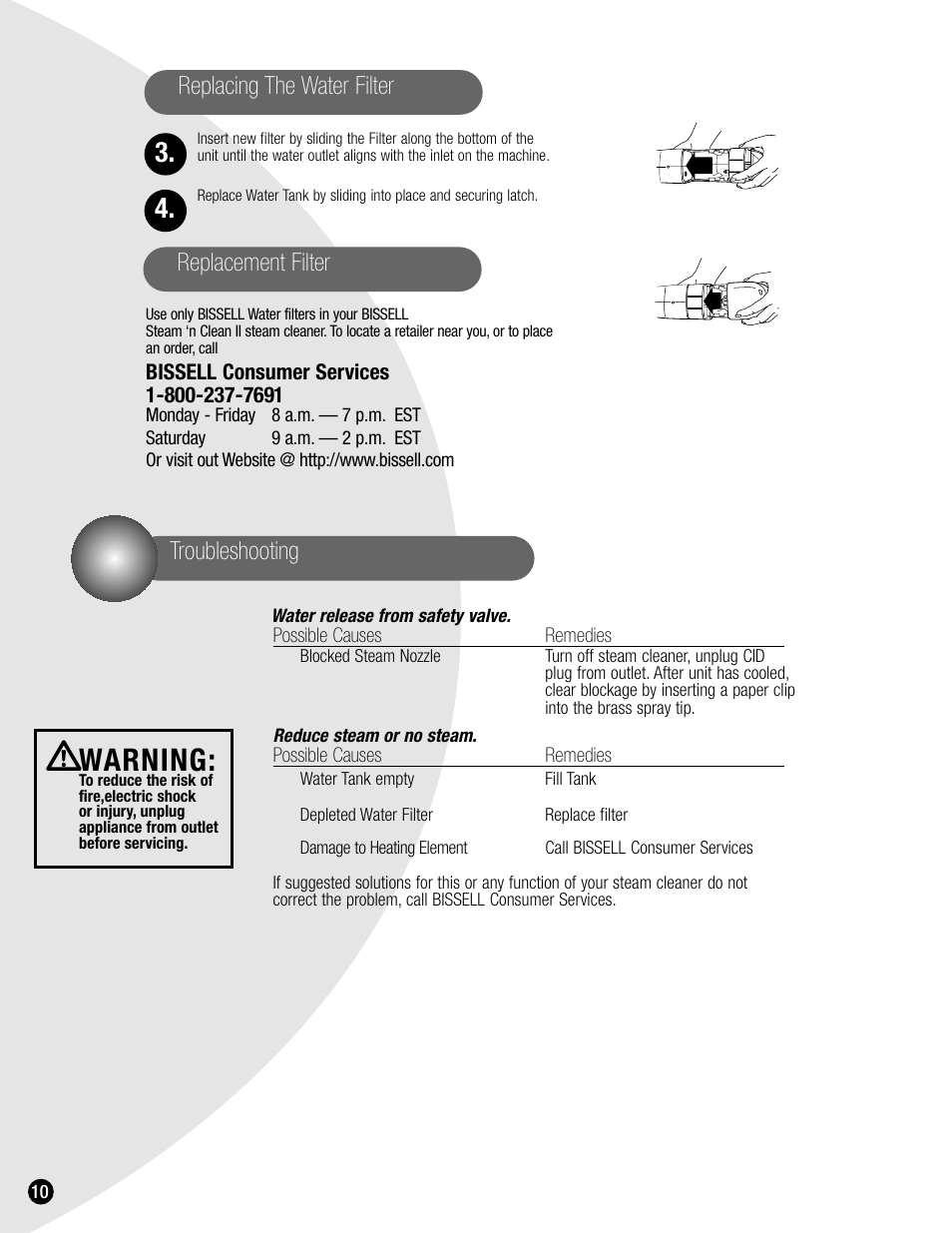 Warning, Troubleshooting, Replacing the water filter replacement filter | Bissell STEAM 'N CLEAN II 1865 User Manual | Page 10 / 12