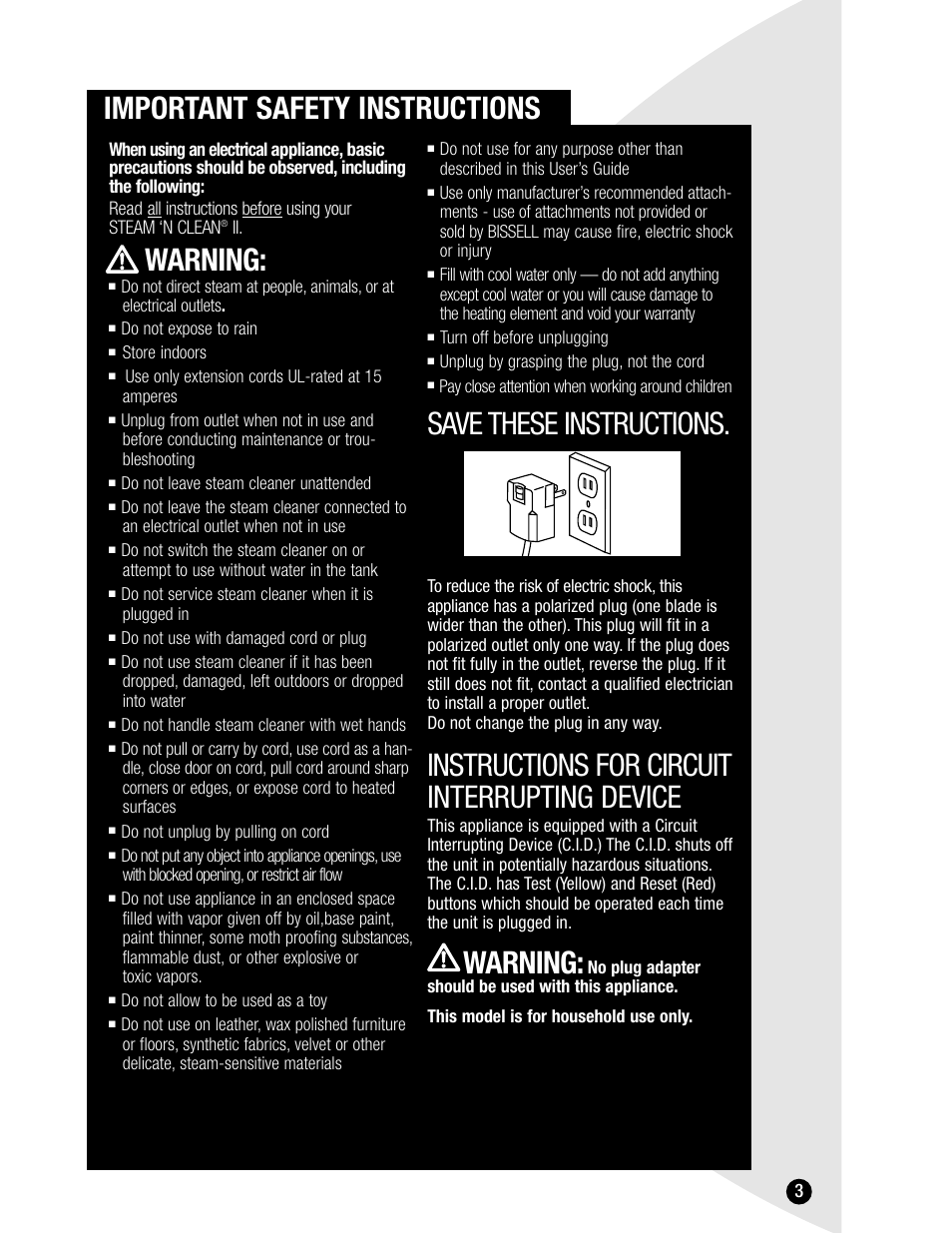 Important safety instructions, Save these instructions, Instructions for circuit interrupting device | Warning | Bissell STEAM 'N CLEAN II 1865 User Manual | Page 3 / 12