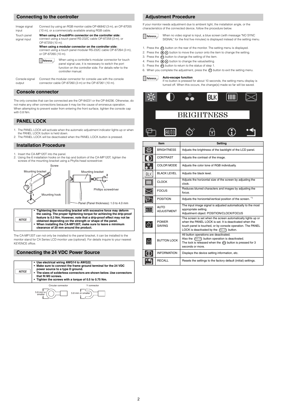 Connecting to the controller, Console connector, Panel lock | Installation procedure, Connecting the 24 vdc power source, Adjustment procedure | KEYENCE CA-MP120T User Manual | Page 2 / 4