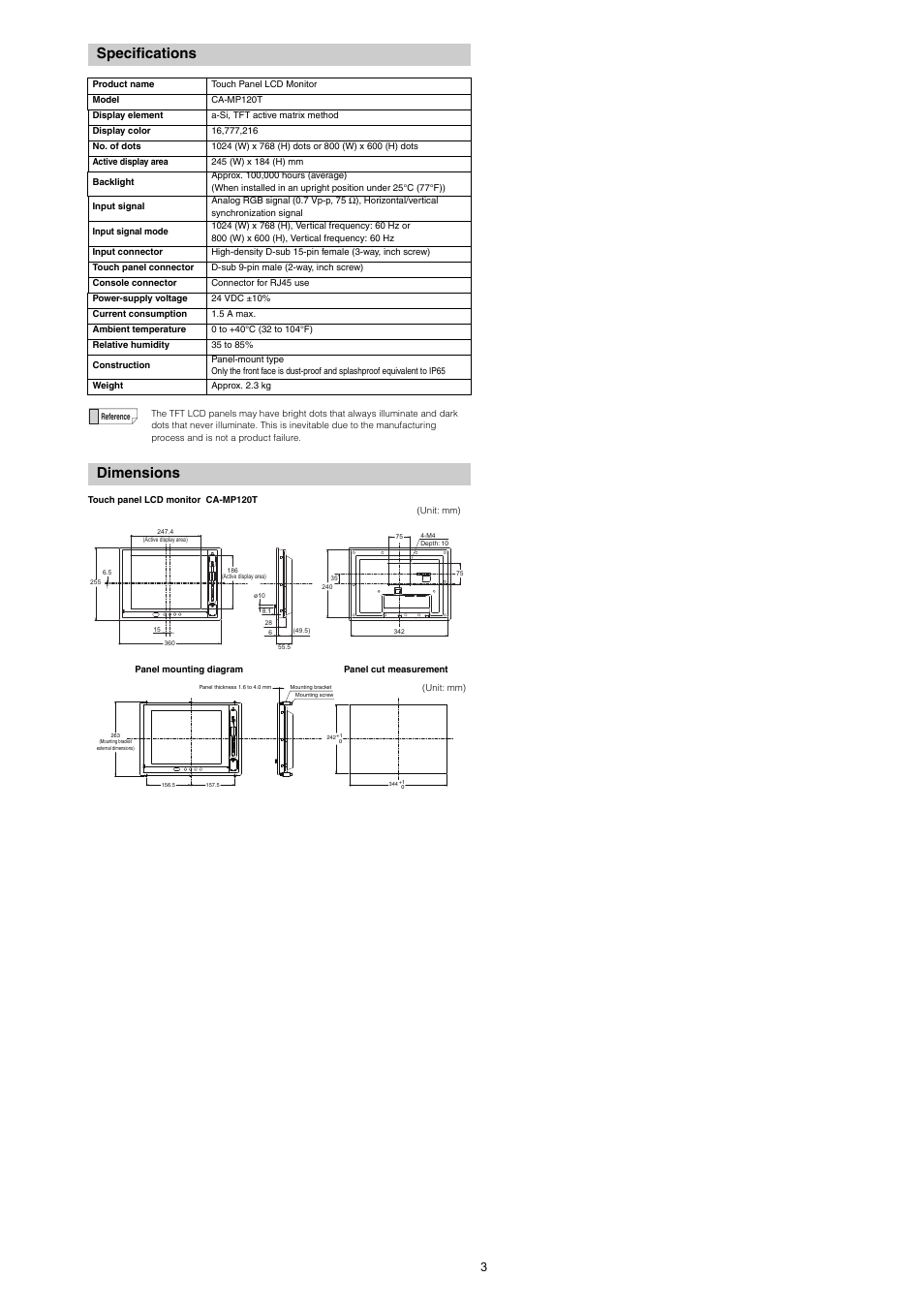 Specifications, Dimensions | KEYENCE CA-MP120T User Manual | Page 3 / 4
