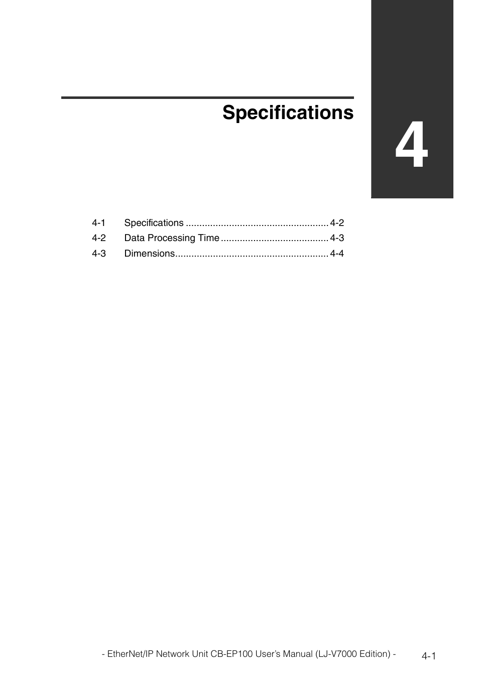 Chapter 4 specifications, Chapter 4, Specifications | KEYENCE CB-EP100 User Manual | Page 113 / 146