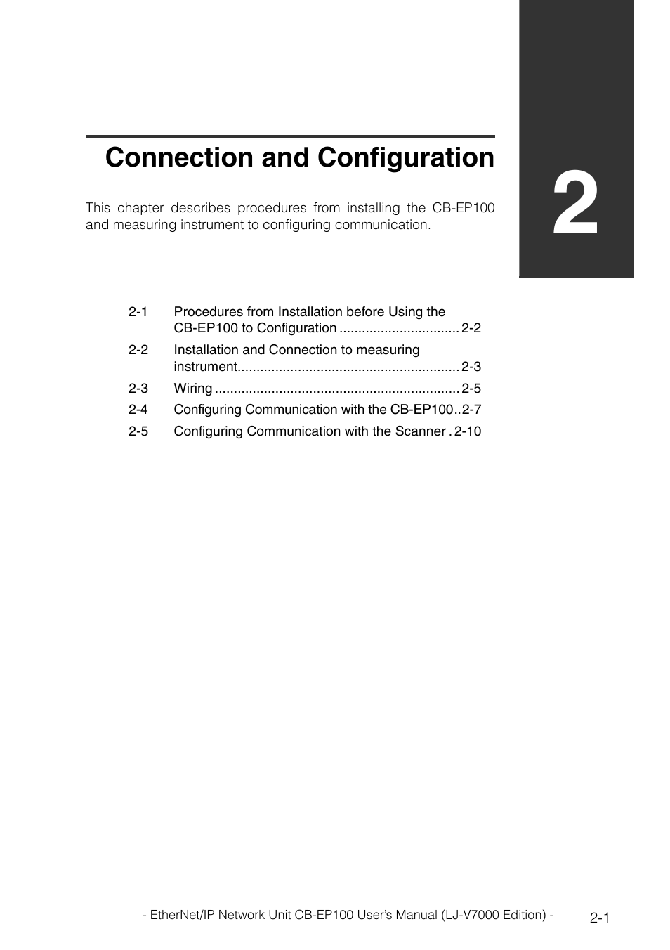 Chapter 2 connection and configuration, Chapter 2, Connection and configuration | KEYENCE CB-EP100 User Manual | Page 15 / 146