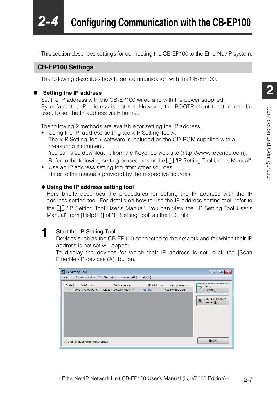 4 configuring communication with the cb-ep100, Cb-ep100 settings, Cb-ep100 settings -7 | Configuring communication with the cb-ep100 -7, Configuring communication with the cb-ep100 | KEYENCE CB-EP100 User Manual | Page 21 / 146