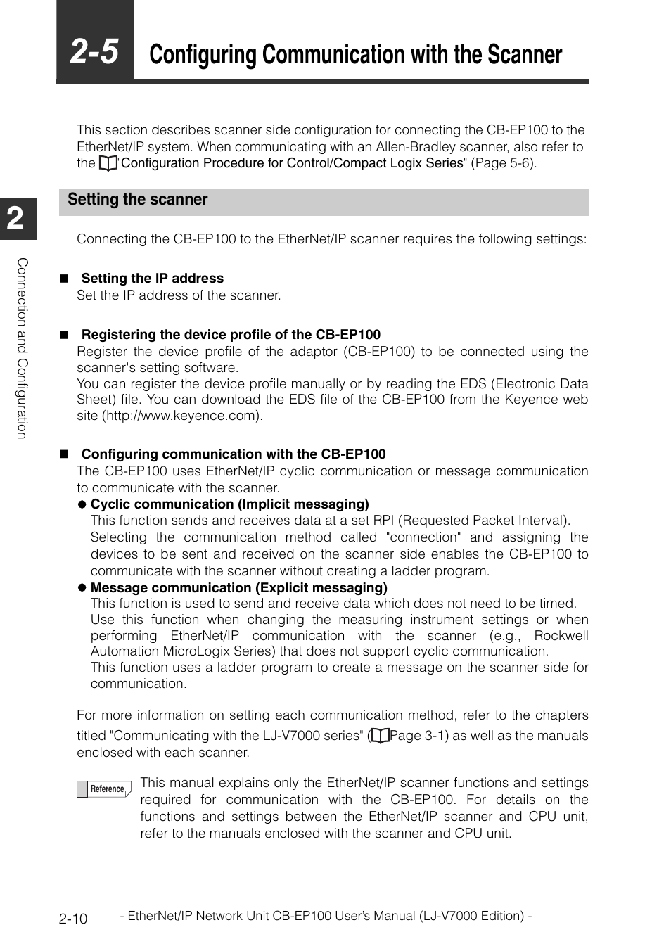 5 configuring communication with the scanner, Setting the scanner, Setting the scanner -10 | Configuring communication with the scanner . 2-10, Configuring communication with the scanner | KEYENCE CB-EP100 User Manual | Page 24 / 146