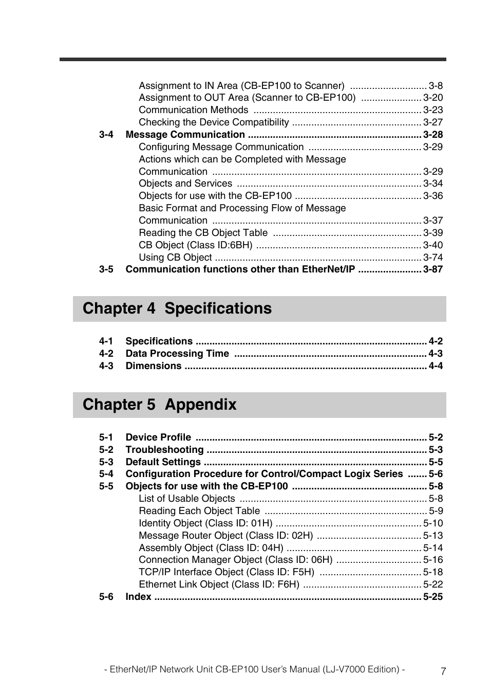 Chapter 4 specifications, Chapter 5 appendix | KEYENCE CB-EP100 User Manual | Page 9 / 146