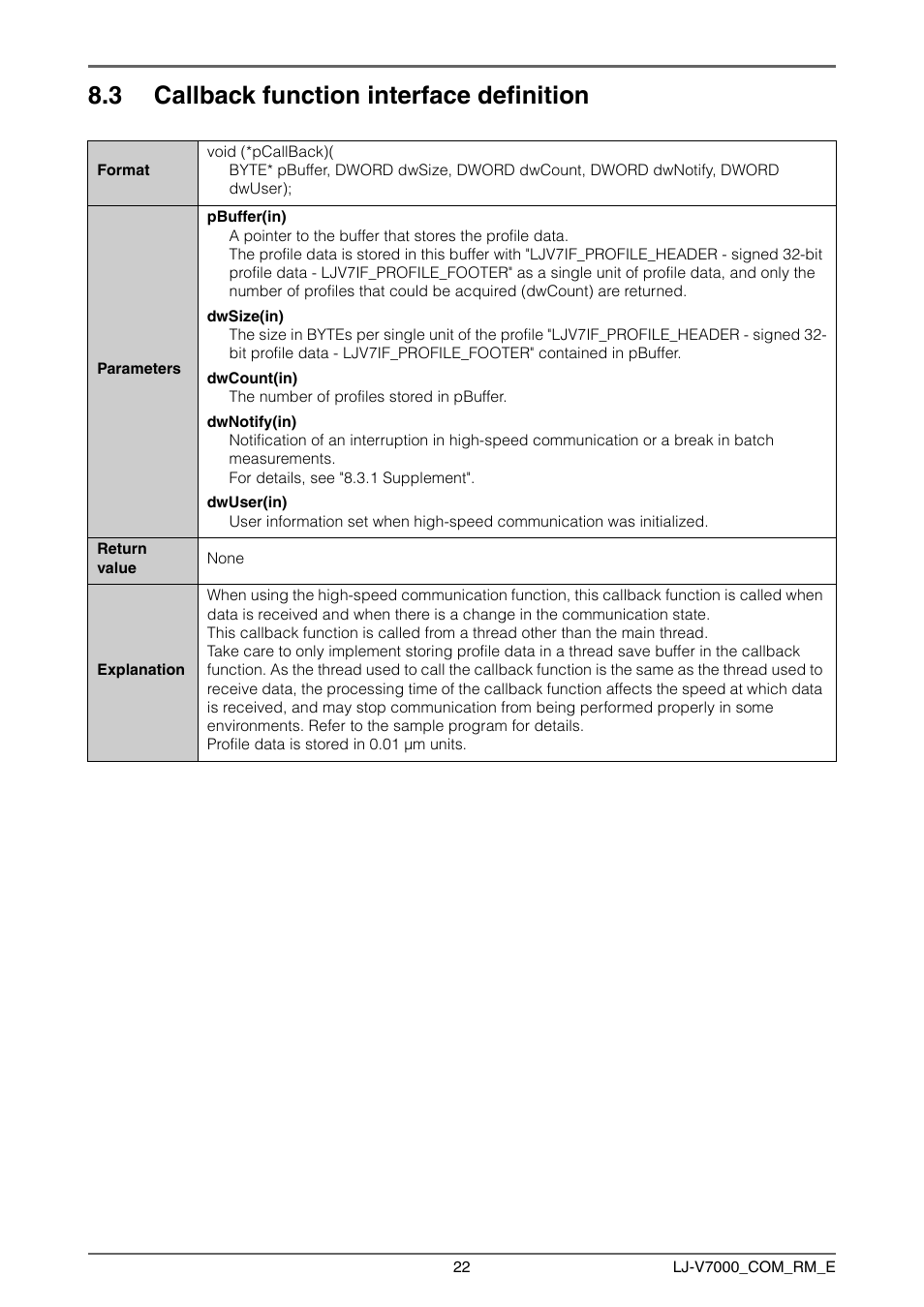 3 callback function interface definition, Callback function interface definition | KEYENCE LJ-V7000 Series User Manual | Page 22 / 94