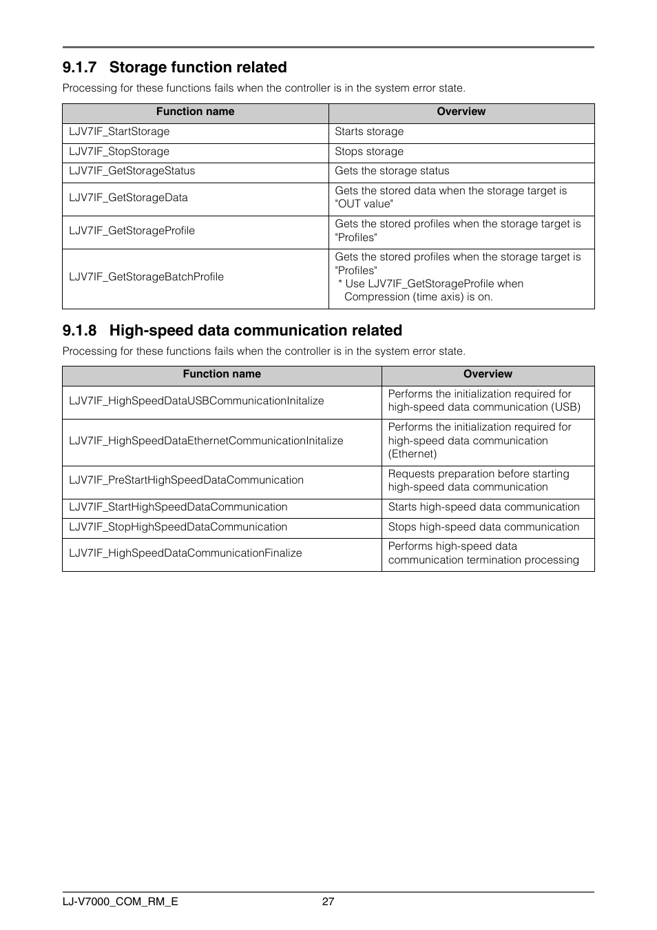 7 storage function related, 8 high-speed data communication related, Storage function related | High-speed data communication related | KEYENCE LJ-V7000 Series User Manual | Page 27 / 94