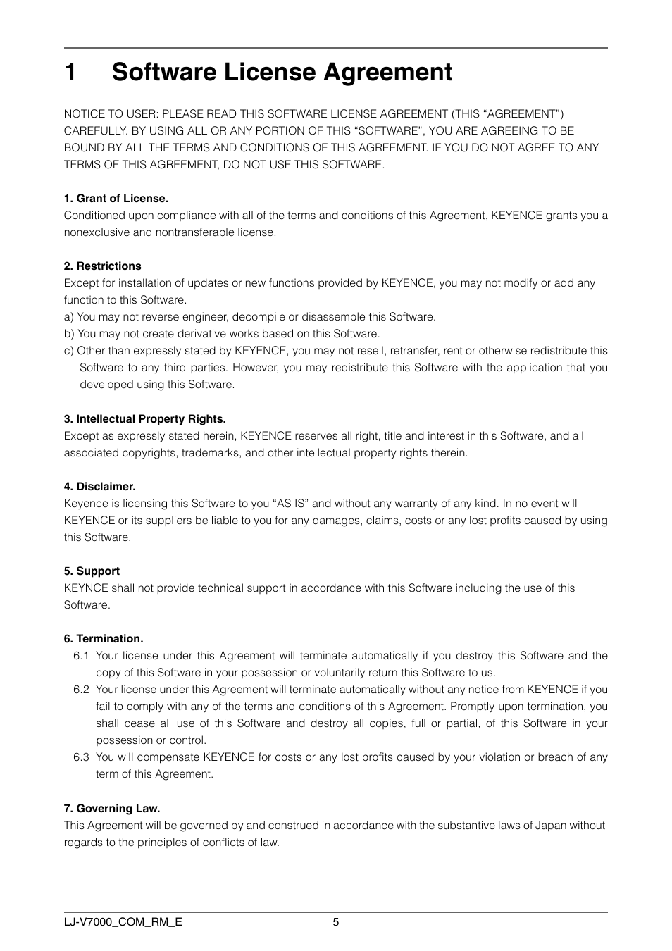 1 software license agreement, Software license agreement, 1software license agreement | KEYENCE LJ-V7000 Series User Manual | Page 5 / 94