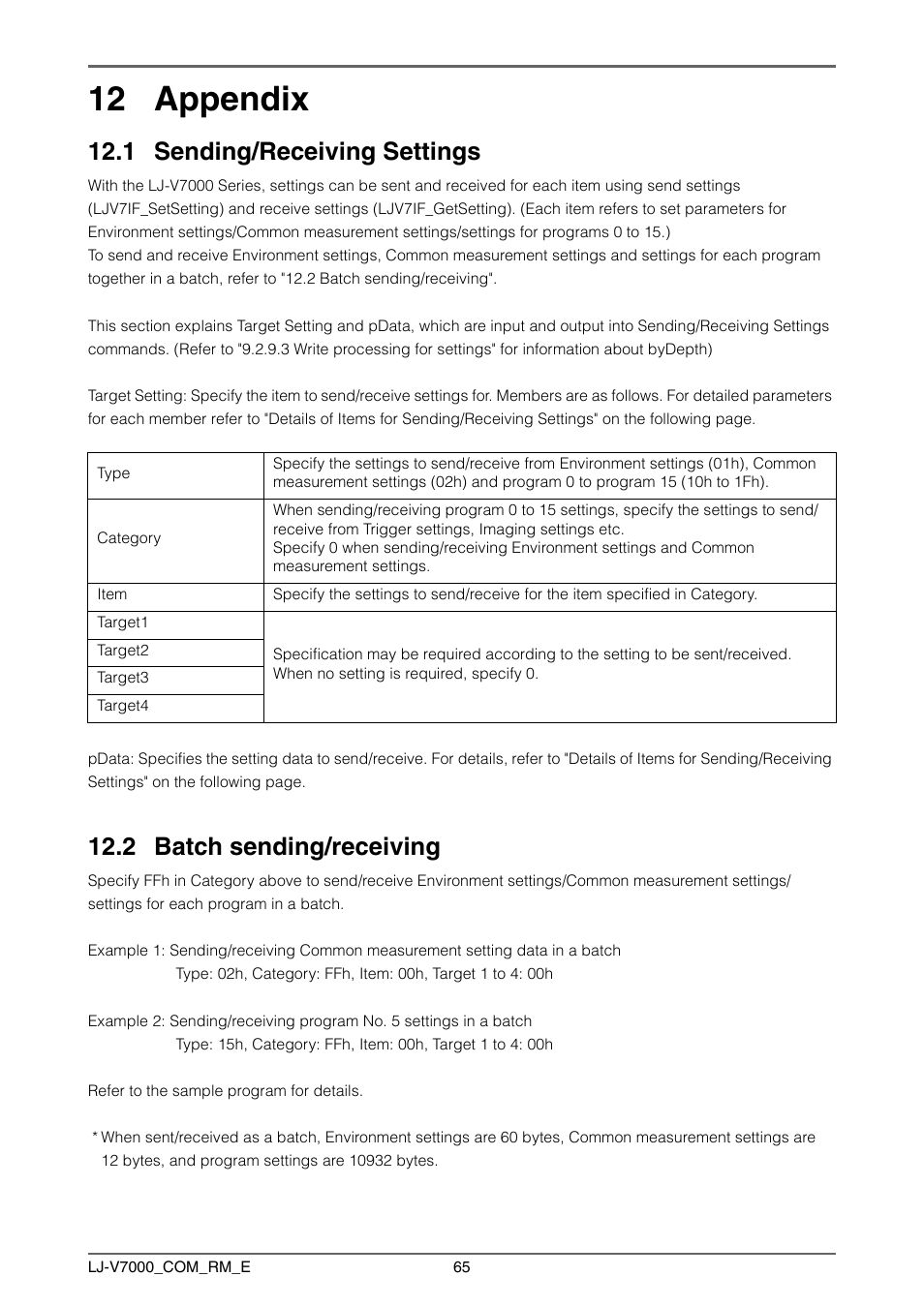 12 appendix, 1 sending/receiving settings, 2 batch sending/receiving | KEYENCE LJ-V7000 Series User Manual | Page 65 / 94