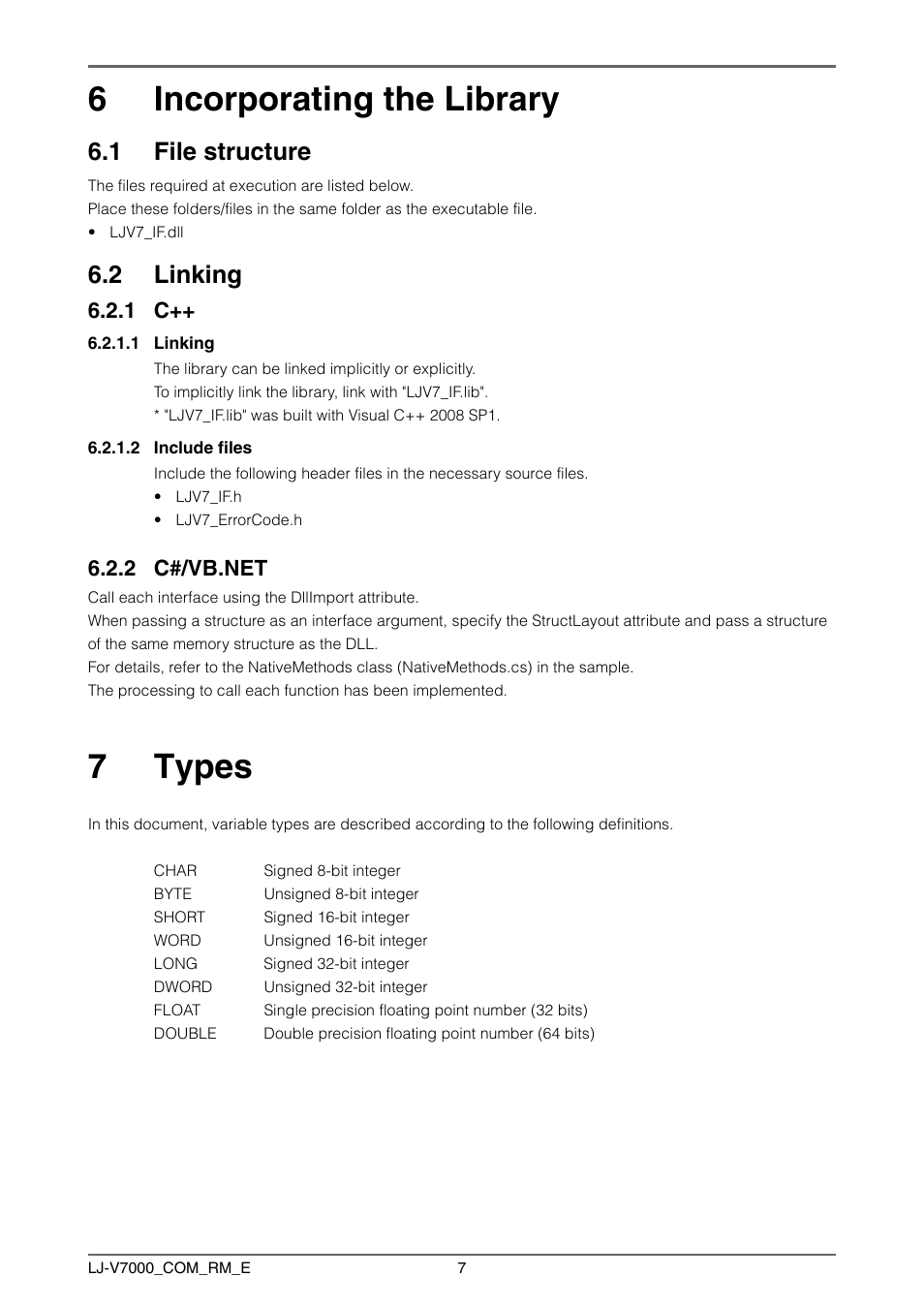 6 incorporating the library, 1 file structure, 2 linking | 2 c#/vb.net, 7 types, Incorporating the library 6.1, File structure, Linking 6.2.1, C#/vb.net, Types | KEYENCE LJ-V7000 Series User Manual | Page 7 / 94