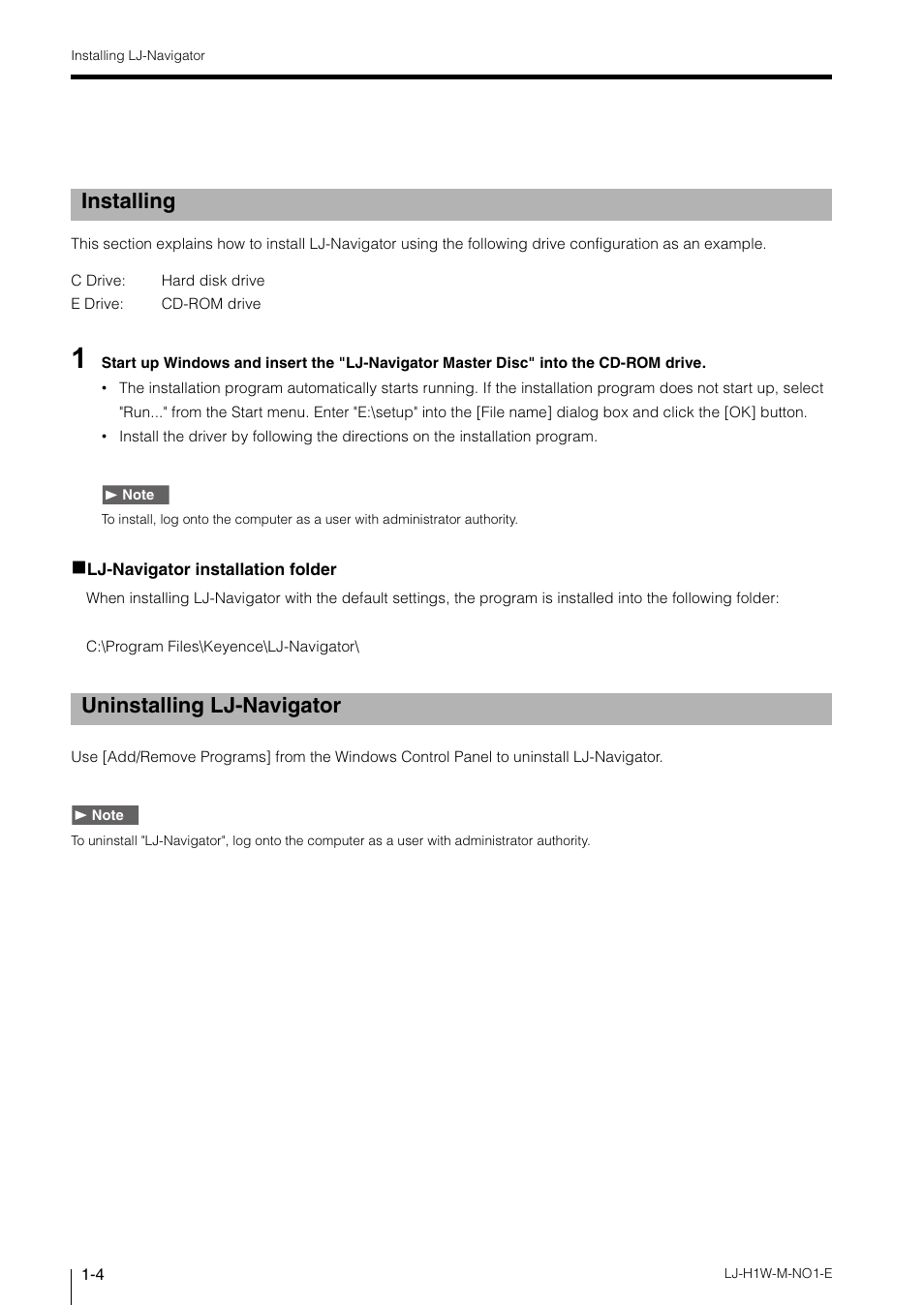 Installing, Uninstalling lj-navigator, Installing uninstalling lj-navigator | KEYENCE LJ-H1W User Manual | Page 8 / 104