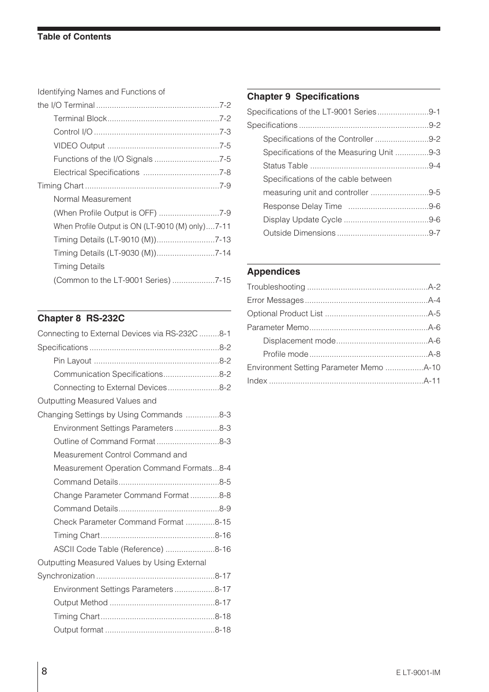 KEYENCE LT-9001 Series User Manual | Page 10 / 176