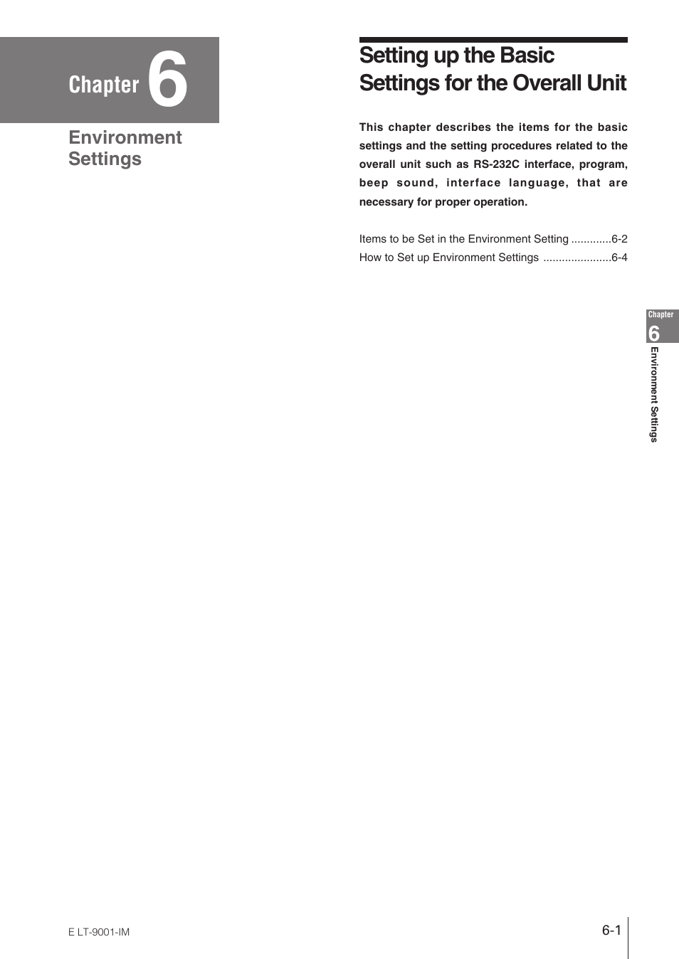 Chapter 6 environment settings, Setting up the basicsettings for the overall unit, Chapter | Setting up the basic settings for the overall unit | KEYENCE LT-9001 Series User Manual | Page 107 / 176