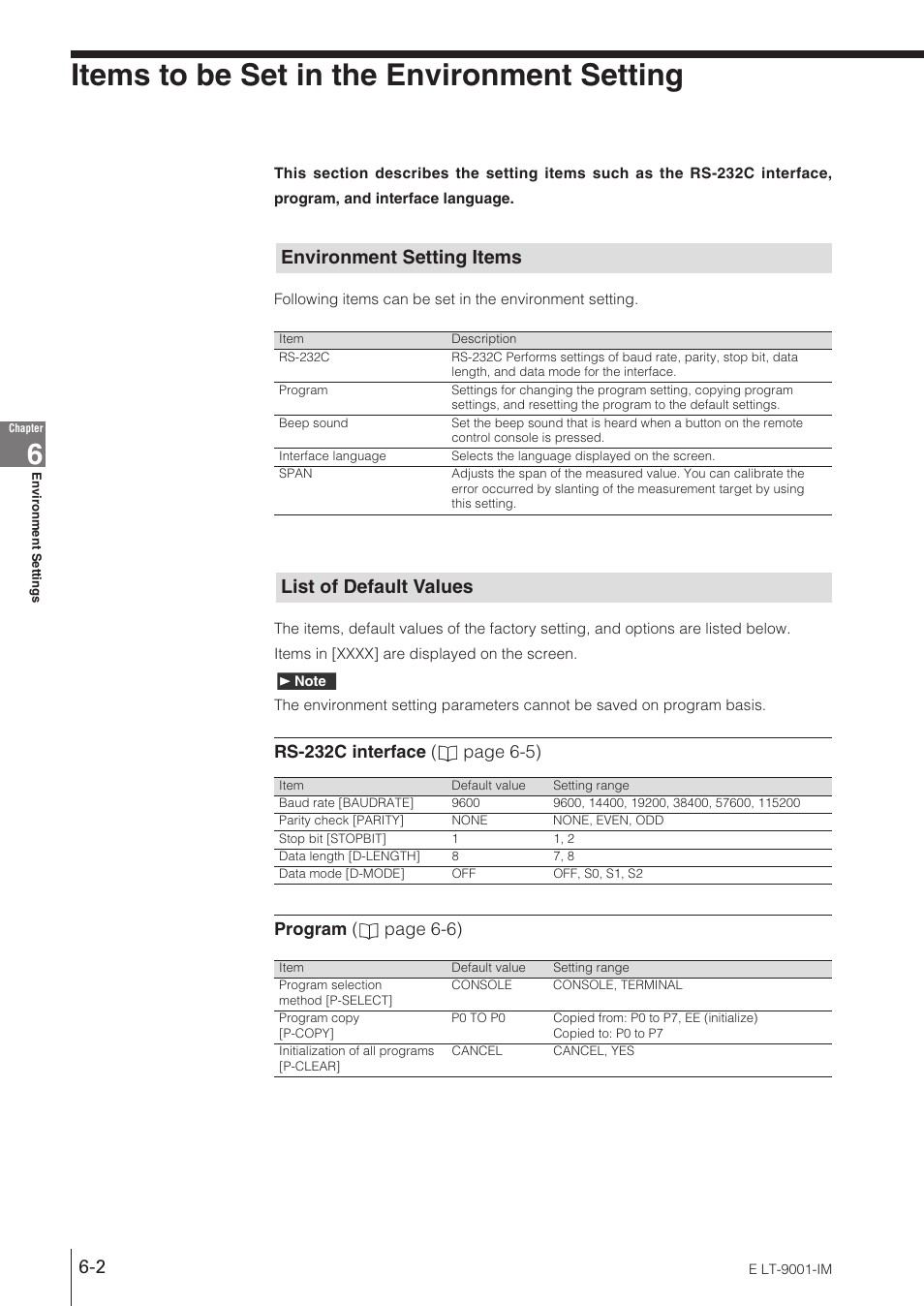 Items to be set in the environment setting, Environment setting items, List of default values | List of default values environment setting items | KEYENCE LT-9001 Series User Manual | Page 108 / 176