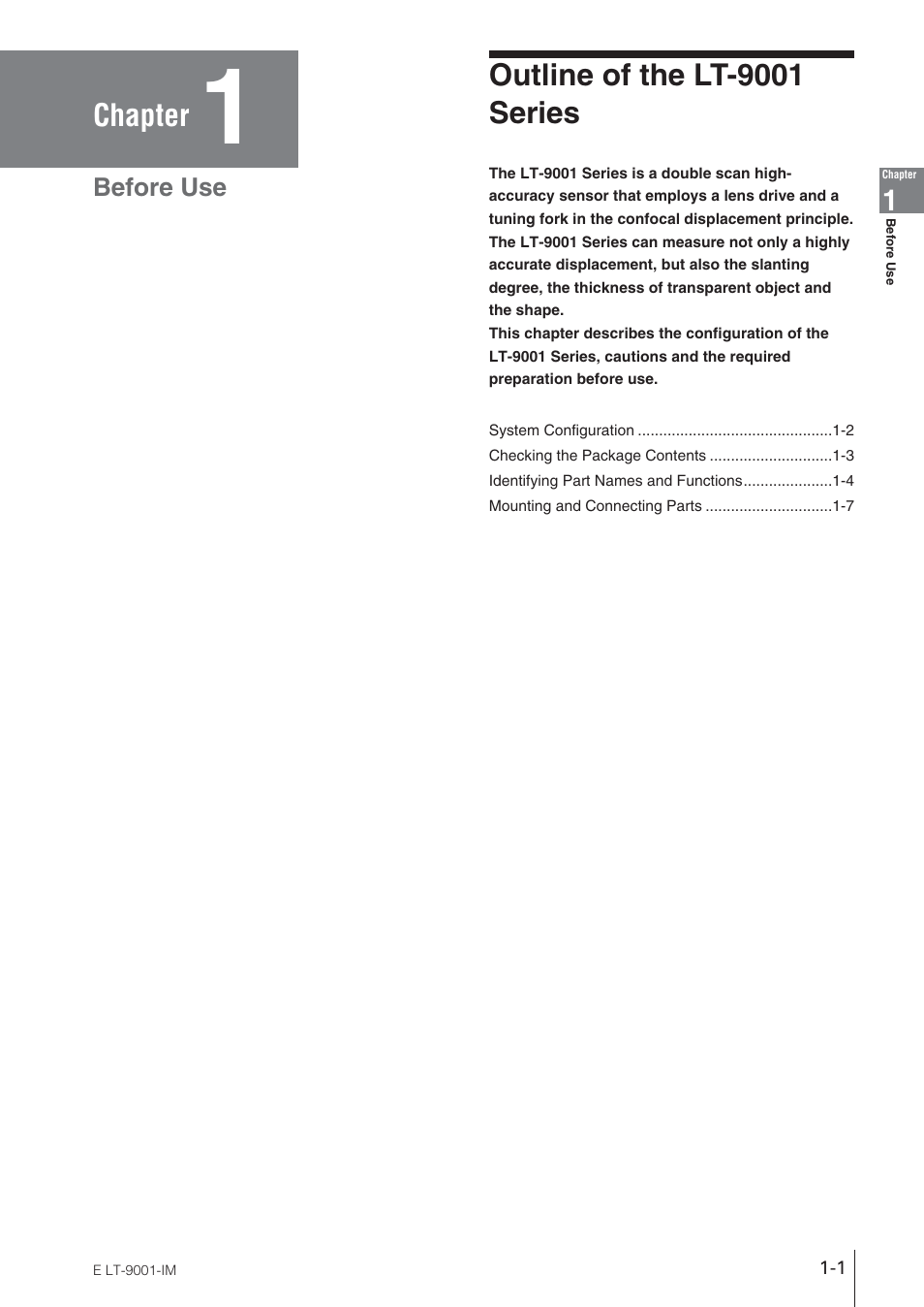 Chapter 1 before use, Outline of the lt-9001series, Chapter | Outline of the lt-9001 series, Before use | KEYENCE LT-9001 Series User Manual | Page 11 / 176