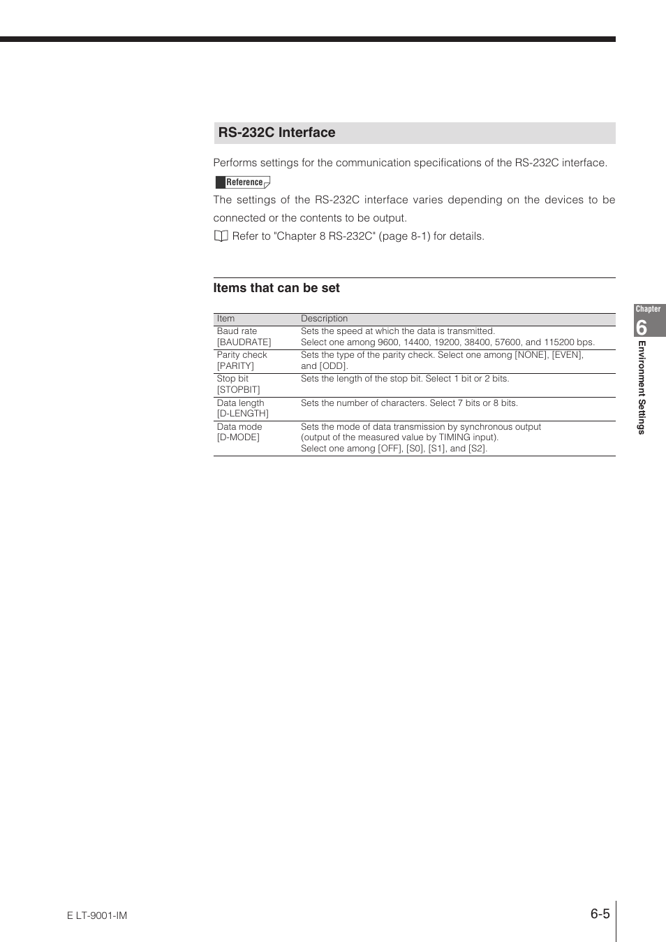 Rs-232c interface, Items that can be set | KEYENCE LT-9001 Series User Manual | Page 111 / 176