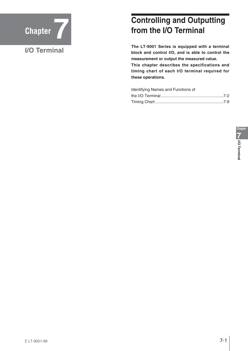 Chapter 7 i/o terminal, Controlling and outputtingfrom the i/o terminal, Chapter | Controlling and outputting from the i/o terminal | KEYENCE LT-9001 Series User Manual | Page 115 / 176