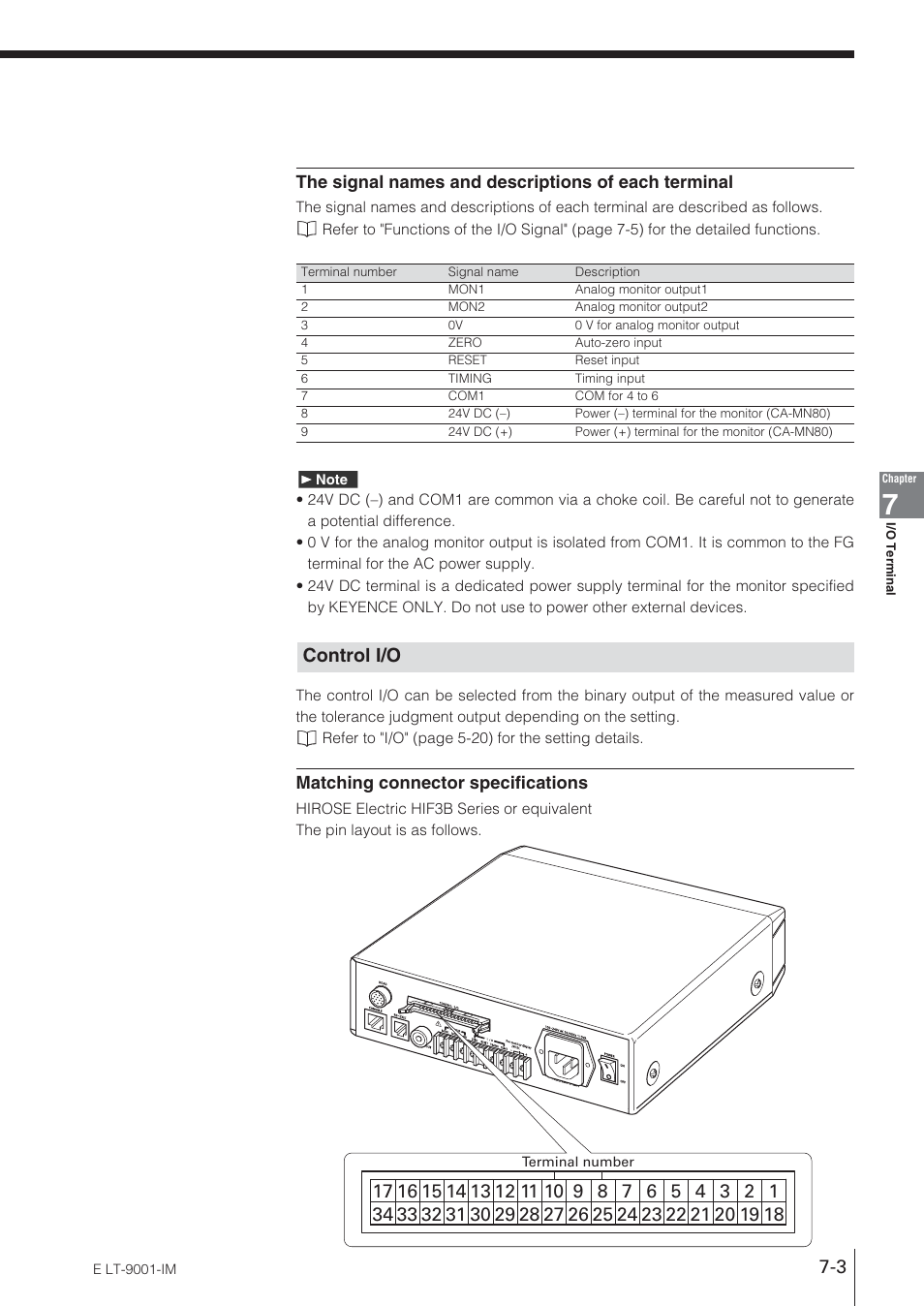 Control i/o, The signal names and descriptions of each terminal, Matching connector specifications | KEYENCE LT-9001 Series User Manual | Page 117 / 176