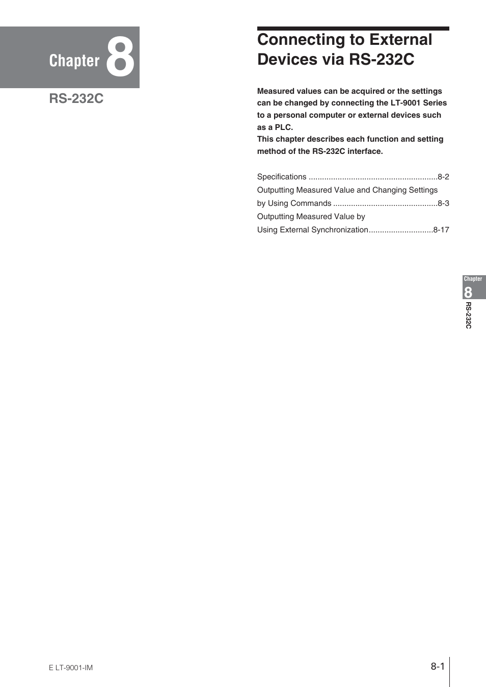 Chapter 8 rs-232c, Connecting to externaldevices via rs-232c, Chapter | Connecting to external devices via rs-232c, Rs-232c | KEYENCE LT-9001 Series User Manual | Page 131 / 176