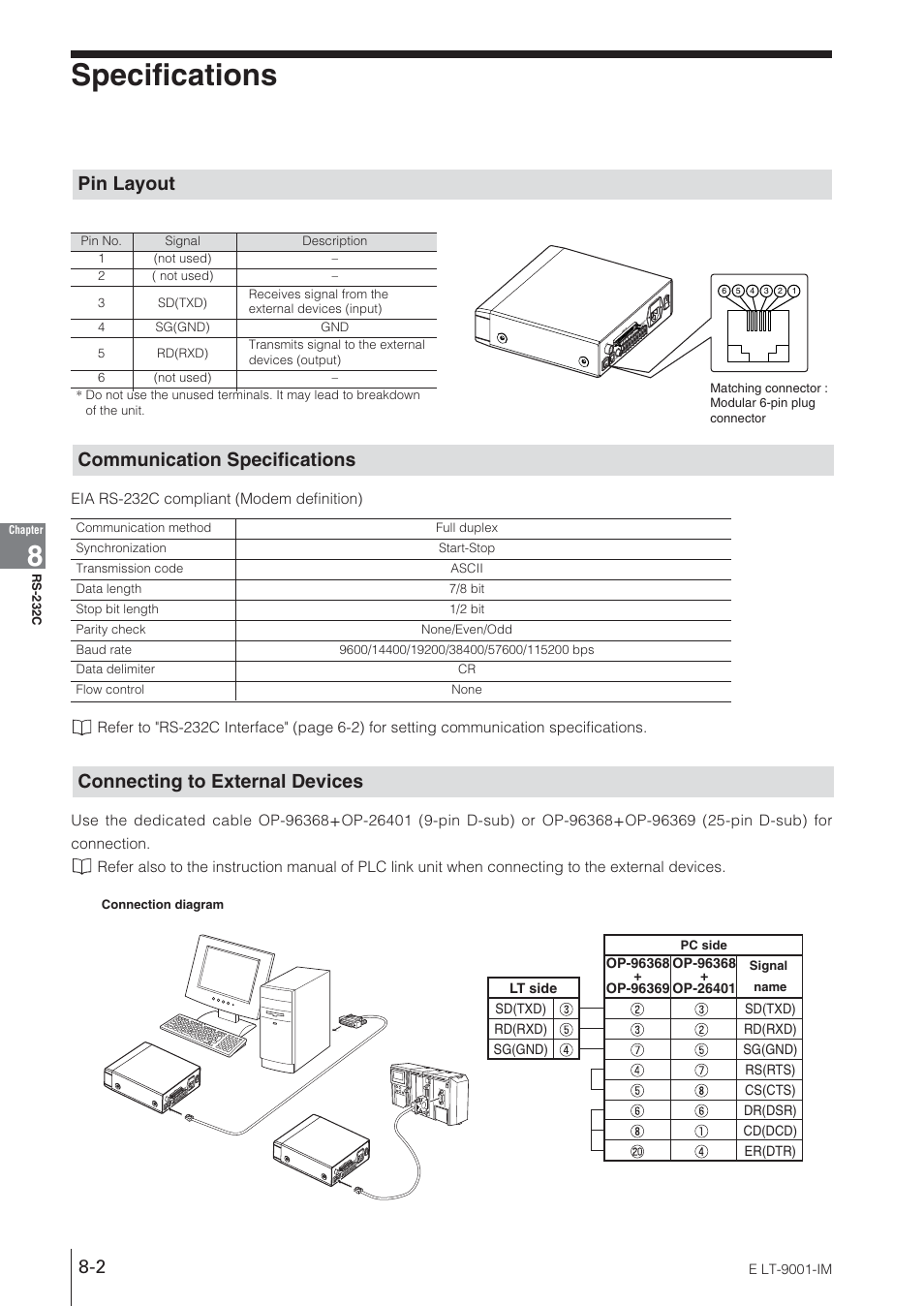 Specifications, Pin layout, Communication specifications | Connecting to external devices | KEYENCE LT-9001 Series User Manual | Page 132 / 176