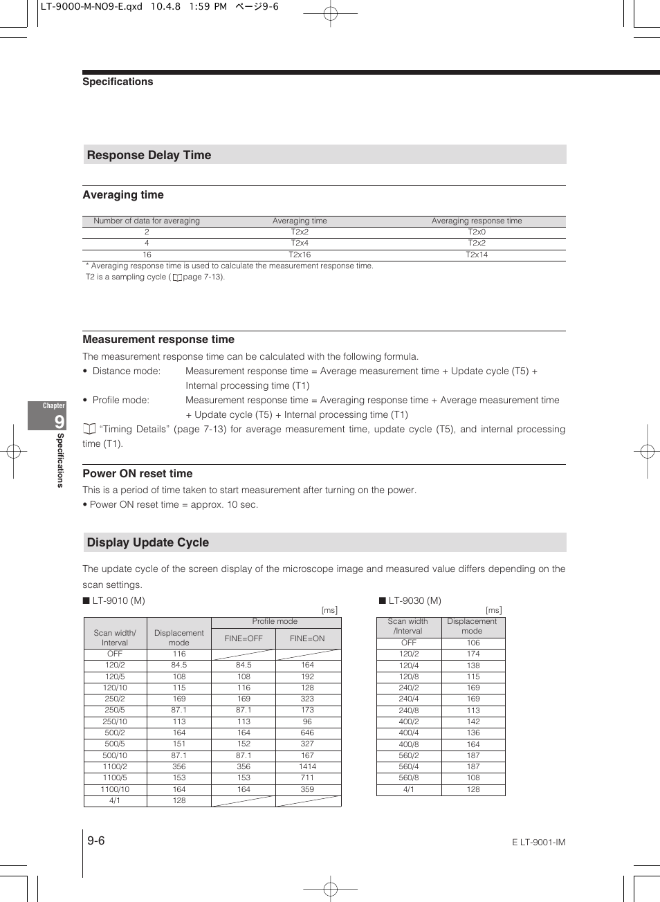 Response delay time, Display update cycle, Display update cycle response delay time | Averaging time measurement response time, Power on reset time | KEYENCE LT-9001 Series User Manual | Page 154 / 176