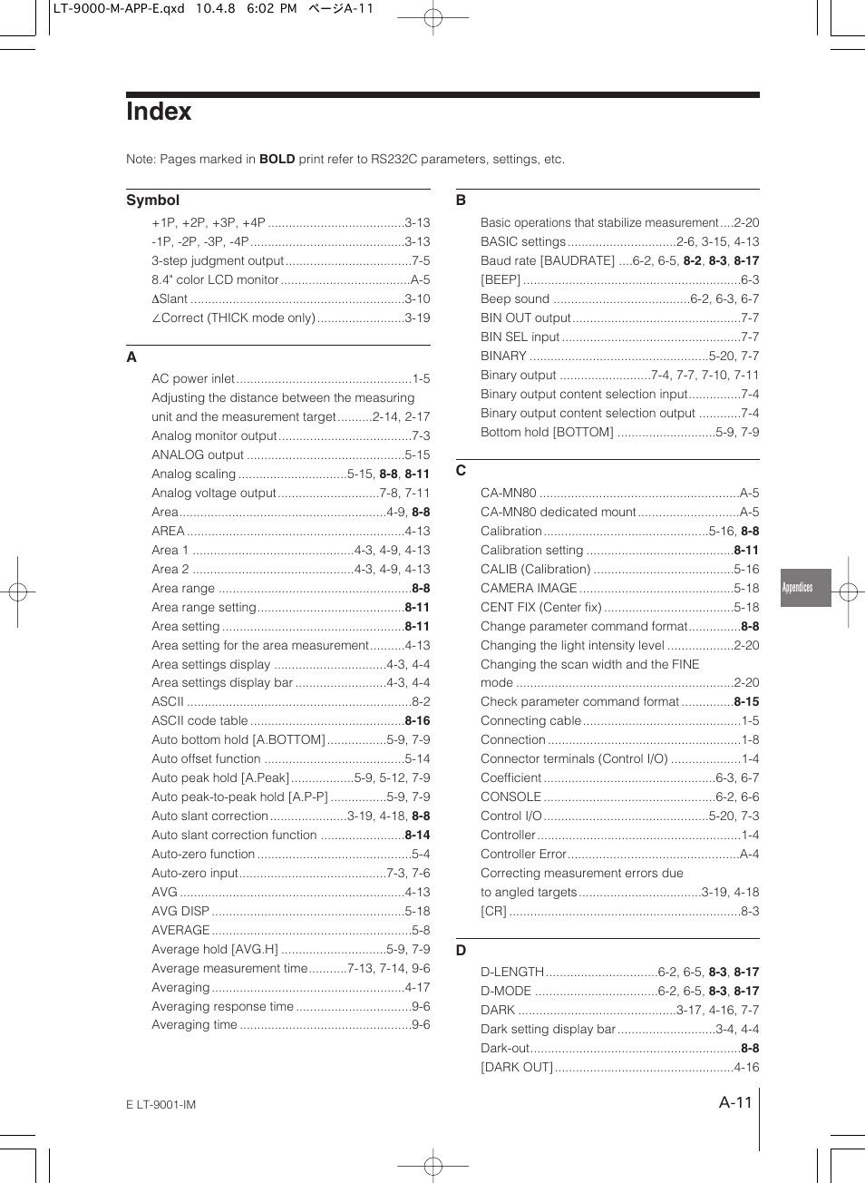 Index, A-11 | KEYENCE LT-9001 Series User Manual | Page 167 / 176