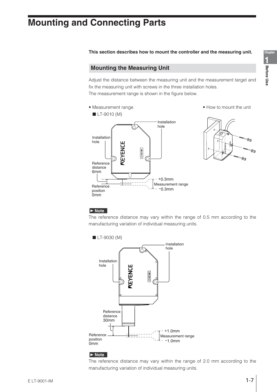 Mounting and connecting parts, Mounting the measuring unit | KEYENCE LT-9001 Series User Manual | Page 17 / 176