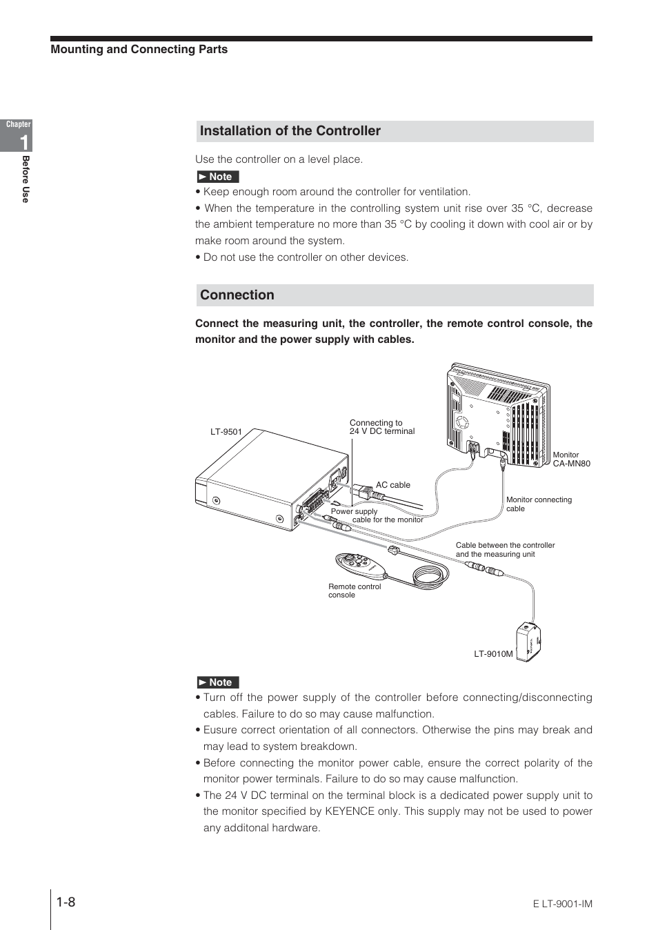 Installation of the controller, Connection | KEYENCE LT-9001 Series User Manual | Page 18 / 176