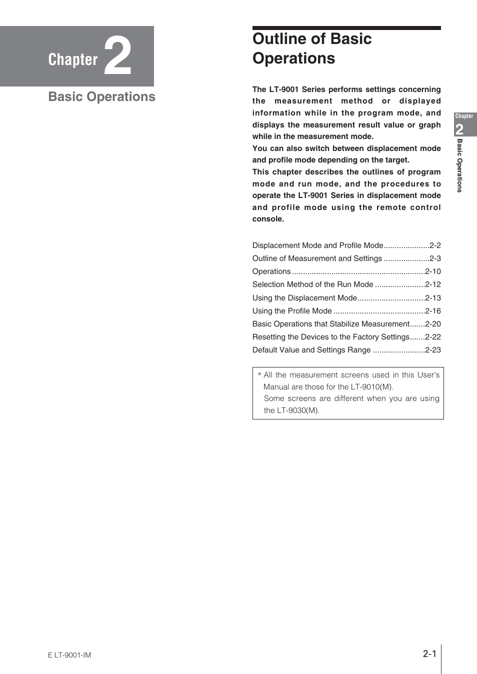 Chapter 2 basic operations, Outline of basicoperations, Chapter | Outline of basic operations, Basic operations | KEYENCE LT-9001 Series User Manual | Page 19 / 176