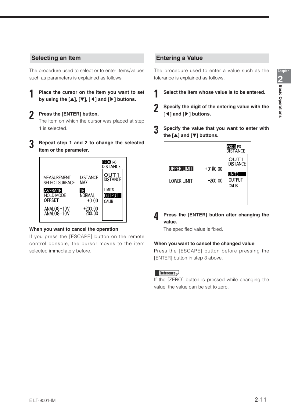 Selecting an item, Entering a value | KEYENCE LT-9001 Series User Manual | Page 29 / 176