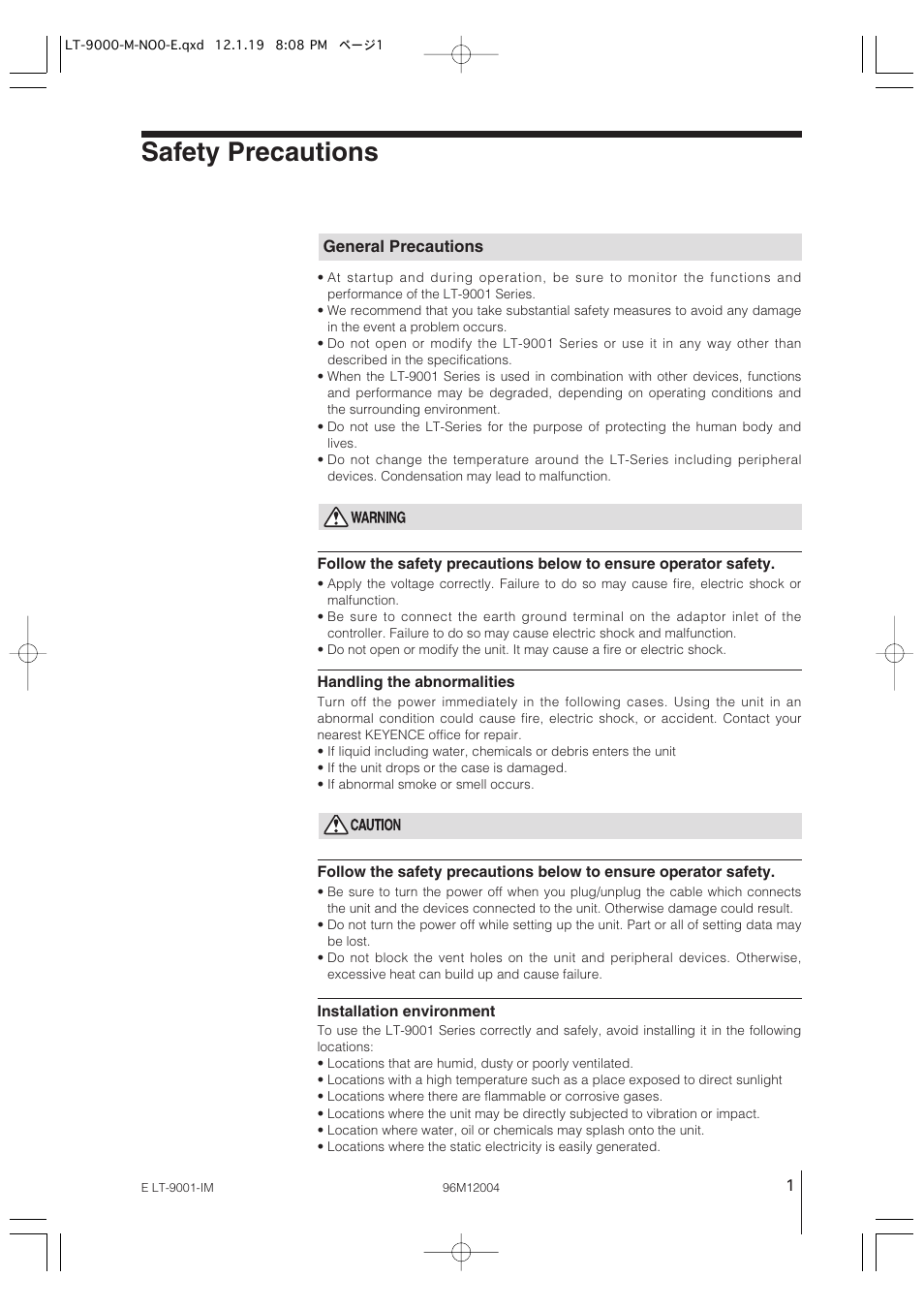 Safety precautions, General precautions, Warning | Caution | KEYENCE LT-9001 Series User Manual | Page 3 / 176