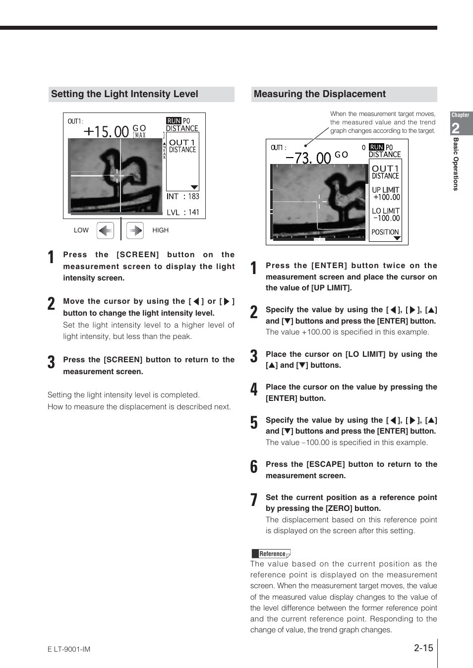 Setting the light intensity level, Measuring the displacement | KEYENCE LT-9001 Series User Manual | Page 33 / 176