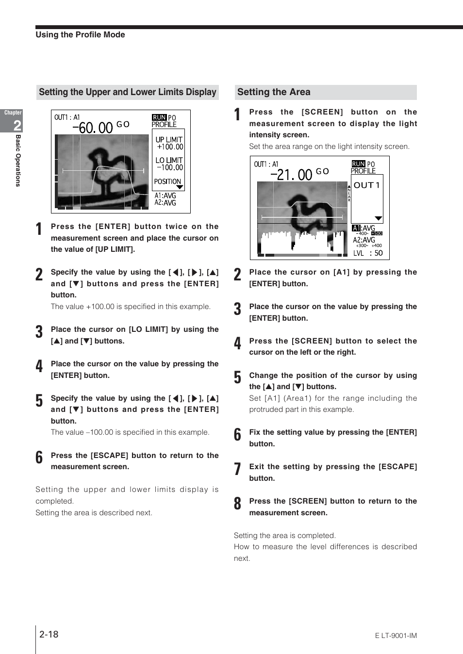 Setting the upper and lower limits display, Setting the area | KEYENCE LT-9001 Series User Manual | Page 36 / 176